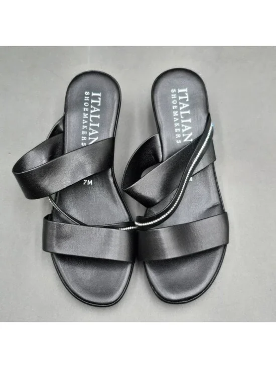 Italian Shoemakers Remus Black Slide Sandals Size 7 M Crystal Trim Wedge Heel - Picture 2 of 8